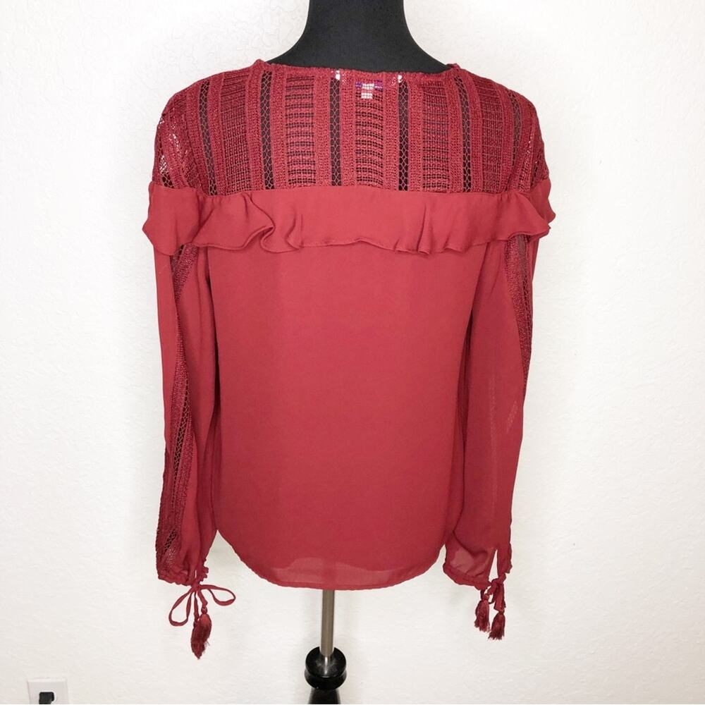 Rebecca Minkoff dark red lace ruffle trim tie sleeve top size Large feminine - Picture 16 of 16